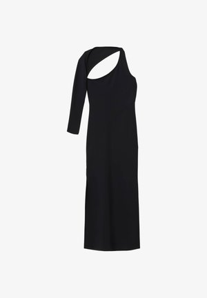 Vestido negro de un solo hombro con un corte asimétrico. Confeccionado en una tela suave, presenta una silueta ajustada y una abertura lateral para facilitar el movimiento.