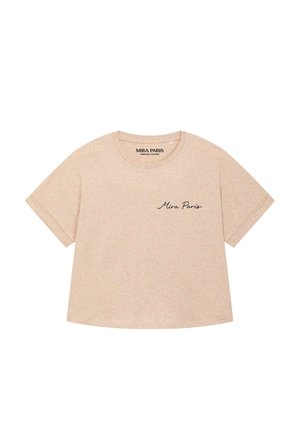 Beiges Baumwoll-T-Shirt mit kurzen Ärmeln und rundem Ausschnitt, mit kleinem „Mira Paris“ Schriftzug auf der linken Brust.