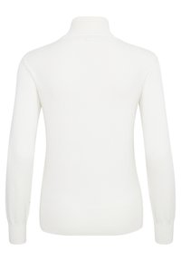Pull en maille blanche à col montant, coupe ajustée, manches longues, bords côtes au poignet et à l'ourlet, texture lisse, design minimaliste.