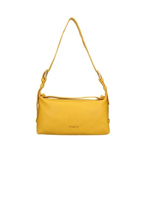 Gelbe Lederhandtasche mit glatter Oberfläche, rechteckiger Form und verstellbarem Schultergurt. Verfügt über einen oberen Reißverschluss und ein Logodetail.