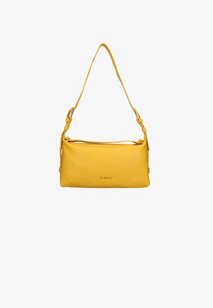 Gele leren handtas met een gladde textuur, rechthoekige vorm en een verstelbare schouderband. Beschikt over een bovenklep met rits en logodetail.