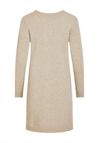 Robe pull beige à manches longues, avec des poignets et un ourlet côtelés, dotée d'une encolure ronde simple et d'une coupe droite.
