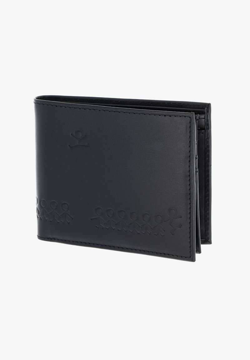 Portefeuille noir en cuir bifold avec une ligne embossée de silhouettes en bâtons se tenant la main le long du bord inférieur.