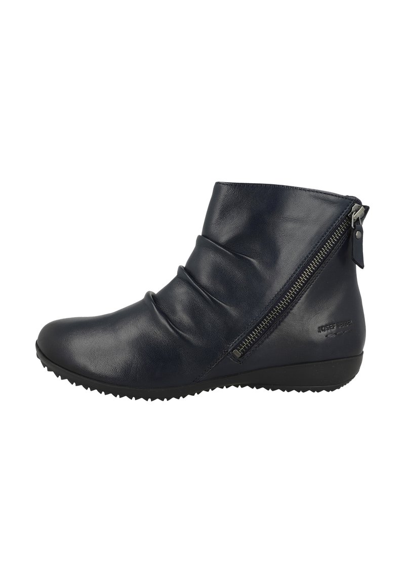 Botas de cuero azul marino hasta el tobillo con diseño holgado, cierre con cremallera lateral, suela de goma y acabado texturizado. Acentuadas con detalles de costura.