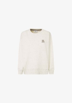 Svetlosandrový sveter vyrobený z texturovanej látky, s kulatým výstrihom a lemovanými manžetami. Logo "PEPE JEANS" v tmavohnedej farbe na hrudi.