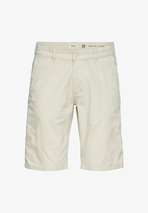 Khaki shorts made of cotton blend fabric, featuring a regular fit, straight legs, and front pockets; no notable patterns or hardware.