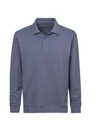 Langärmeliges blaues Poloshirt mit Kragen und zwei Knöpfen, aus weichem Stoff gefertigt, mit gerippten Bündchen und Saum.