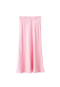 Jupe midi en satin rose, texture lisse, design fluide, silhouette évasée, sans motifs ni embellissements, avec un ourlet droit.