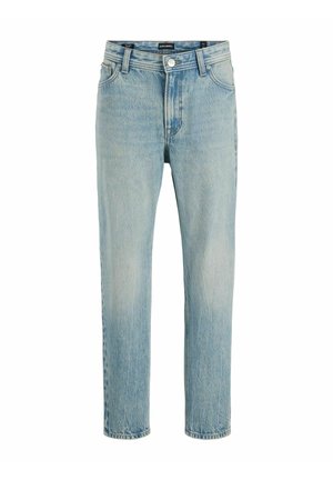 Jeans in denim blu chiaro a vestibilità rilassata con chiusura frontale a bottone e zip, passanti per cintura e design classico a cinque tasche.