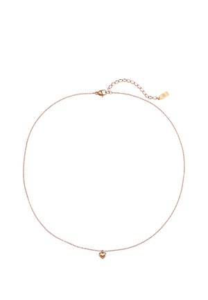 Delicate rose gold chain necklace with a small heart pendant and adjustable clasp on white background.