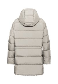 Lichtgrijze gewatteerde jas met een capuchon, voorzien van horizontale stiknaden, een relaxte pasvorm en een soepele textuur. De achterkant toont stikseldetails.