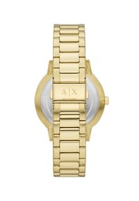 Montre-bracelet en acier inoxydable doré avec un bracelet à maillons, présentant un boîtier rond et un cadran minimaliste. Marquée du logo "A|X" sur le fermoir.