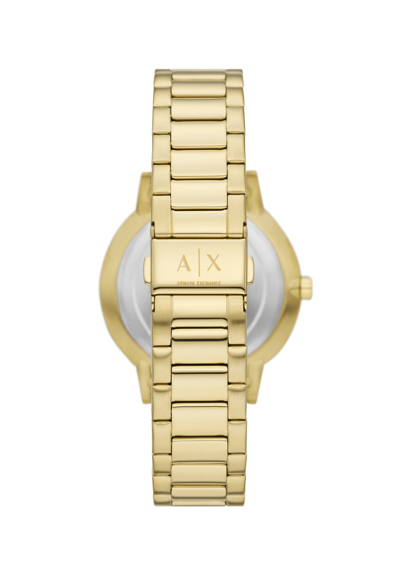 Montre-bracelet en acier inoxydable doré avec un bracelet à maillons, présentant un boîtier rond et un cadran minimaliste. Marquée du logo "A|X" sur le fermoir.