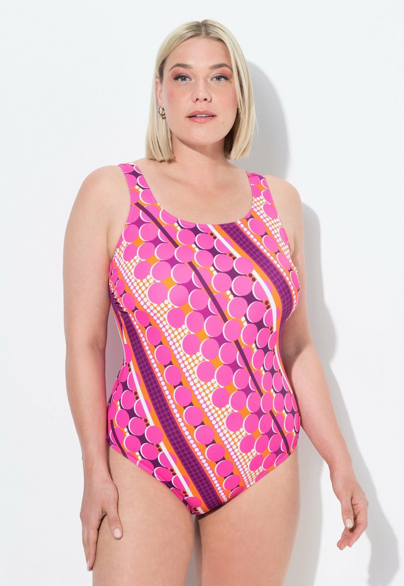 Enbitar med en djärv cirkulär mönster i rosa, orange och lila. Slät, elastisk tyg och breda remmar för komfort.