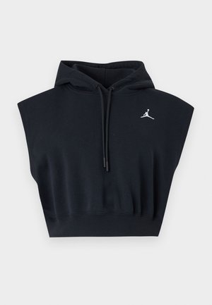 Czarna krótka bluza z kapturem bez rękawów, ze sznurkami i małym białym logo Jumpman po lewej stronie klatki piersiowej.