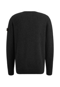 Dunkelgrauer Pullover mit strukturiertem Strickdesign. Mit langen Ärmeln, einem runden Halsausschnitt und einem kleinen Logotag am Ärmel.