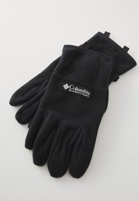 Mănuși negre din fleece cu o suprafață texturată, prezentând o patch cu logo pe încheietură și bucle din material pentru depozitare ușoară.