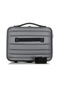 Maletín rígido gris con asa negra y correa de hombro desmontable apoyado al frente sobre fondo blanco.