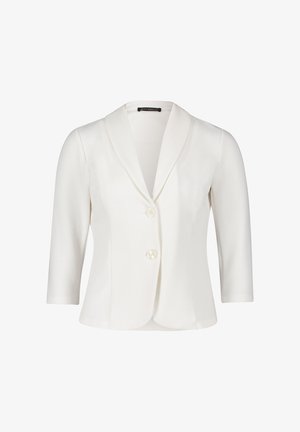 Biała, dopasowana marynarka z kołnierzykiem, rękawami o długości 3/4 i dwoma guzikami. Teksturowana tkanina o gładkim wykończeniu.