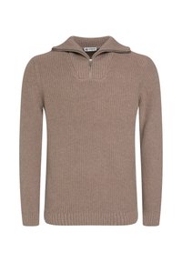 Strick-Pullover in Hellbraun, mit einem Reißverschlusskragen, geripptem Muster und langen Ärmeln mit gerippten Bündchen und Saum.