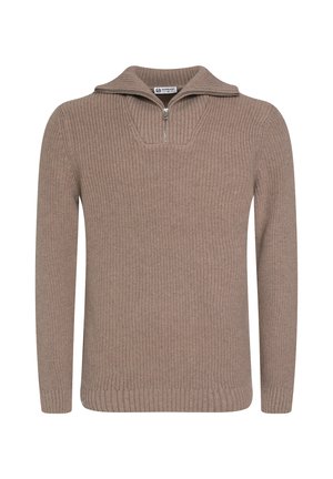 Knit pullover sweater in light brown, featuring a half-zip collar, ribbed texture, and long sleeves with ribbed cuffs and hem.