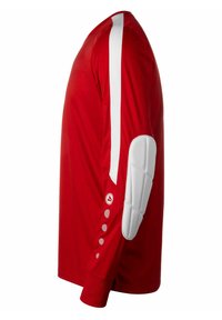 Maglietta sportiva a maniche lunghe rossa con dettagli bianchi, protezione imbottita per i gomiti e bottoni decorativi sulle maniche. Tessuto di superficie liscia.