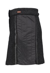 Falda de mezcla de lana gris con un frontal acolchado de nailon negro, que presenta dos franjas verticales grises y una cintura con solapa.