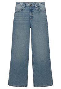 Vaaleansiniset väljät farkut, jotka on valmistettu denimestä, korkea vyötärö, viisi taskua ja haalistunut pesu, jossa on hienovaraisia kulumisen yksityiskohtia.