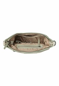 Lichtgroene leren handtas met een ritssluiting, voorzien van een beige interieur, meerdere vakken en een gestructureerd exterieur.