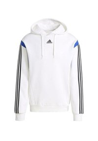 Sweat à capuche blanc avec une poche kangourou à l'avant, capuche réglable avec cordon, accents bleus sur les épaules et bandes noires sur les manches.