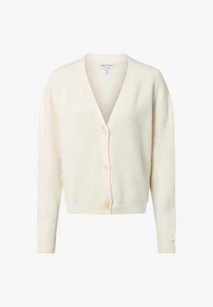 Cream, relaxed-fit cardigan made of soft material. Features a V-neck, four front buttons, and ribbed cuffs and hem.