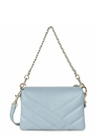 Borsa a tracolla in pelle azzurro chiaro con motivo trapuntato, tracolla in metallo dorato e manico staccabile, dotata di chiusura con zip.