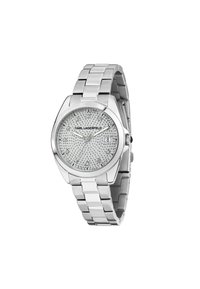 Orologio in acciaio inossidabile argentato con quadrante argentato testurizzato, caratterizzato da accenti in cristallo e una visualizzazione della data, fissato con un bracciale a maglie metalliche.