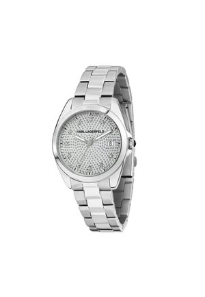 Orologio in acciaio inossidabile argentato con quadrante argentato testurizzato, caratterizzato da accenti in cristallo e una visualizzazione della data, fissato con un bracciale a maglie metalliche.
