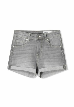 Gray denim shorts with a cuffed hem, five pockets, and a button closure. Features subtle fading and contrasting stitching.