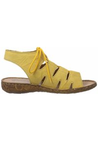 Yellow leather sandal featuring cut-out design, adjustable lace, and a textured brown sole, offering an open and breathable style.