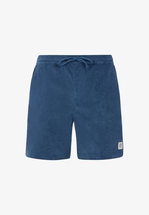 Blauwe corduroy shorts met een elastische tailleband, een trekkoord en zijzakken. Voorzien van een klein merkembleem aan de onderkant rechts.