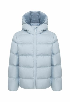 Hellblaue Steppjacke mit horizontaler Steppung, durchgehendem Frontreißverschluss und gepolsterter Kapuze, vor weißem Hintergrund dargestellt.