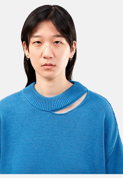 Blue knitted sweater featuring a chunky ribbed collar and a distinctive cutout detail. The fabric has a soft texture and a relaxed fit.