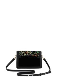 Black handbag featuring a floral embroidered flap in various colors, sleek shape, smooth texture, and a detachable shoulder strap.