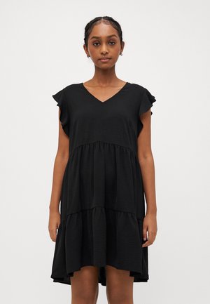 Black, short-sleeve dress with a V-neck, tiered bodice, and ruffled sleeve details. Soft, textured fabric with a relaxed fit.