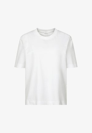 T-shirt blanc uni à manches courtes avec col rond, fabriqué en coton doux, présenté sur un fond blanc.