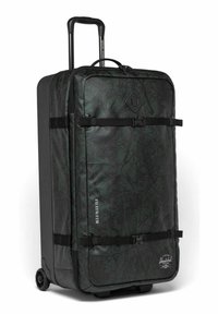 Valise à roulettes vert foncé avec un motif texturé, dotée d'une poignée rétractable, d'un corps durable et de sangles noires pour une fermeture sécurisée.