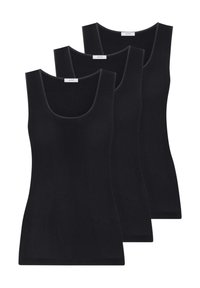 Tre canottiere nere a costine con spalline larghe e scollatura a barca, realizzate in un tessuto liscio ed elasticizzato e con un design aderente.