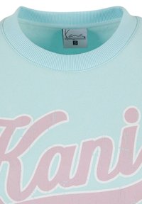 Felpa azzurra chiara con collo a costine, grande testo grafico rosa "Kani" e una texture di tessuto morbida. L'etichetta della taglia è visibile.