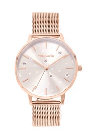 Roségoldene Uhr mit silbernem Zifferblatt, Mesh-Armband, sternförmigen Ziffern und Kristallakzenten. Verfügt über minimalistische Stunden- und Minutenzeiger.