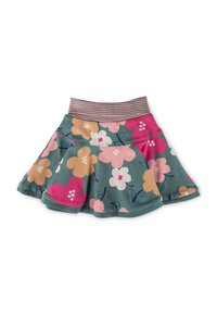 Blumenkleid mit türkisfarbenem Hintergrund, das große rosa, weiße und beige Blumen zeigt. Gestreifter, elastischer Taillenbund, ausgestellt Design, weicher Stoff.