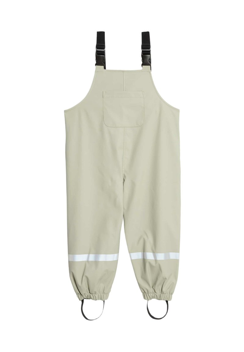Beige vandtætte overalls med justerbare sorte stropper, brystlomme foran, elastiske manchetter, reflekterende bånd over anklerne og fodstropper.