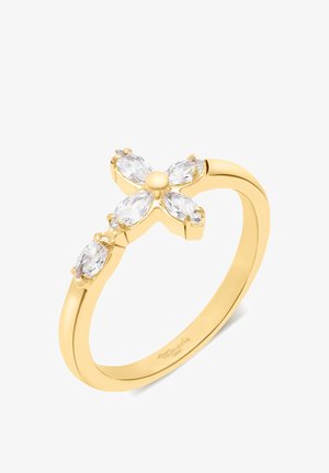 Guld ring med et korsformet arrangement af fem klare marquise-slebne ædelstene på ringen.