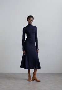 Dark blue, long-sleeve midi dress with textured stripes, high neck, and flared hem, worn with tan ankle boots. Smooth fabric finish.